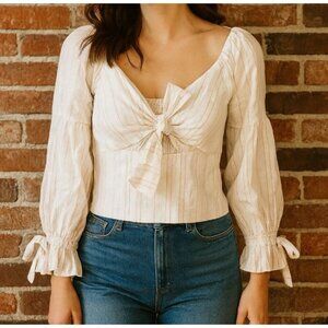 Chicways Ivory Red Stripe Long Sleeve Tie Front Crop Top Size M